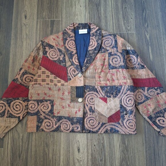 💙 Vintage Coldwater Creek Patchwork Jacket Size 2X Artsy Art to wear Lace Silk - Picture 2 of 8